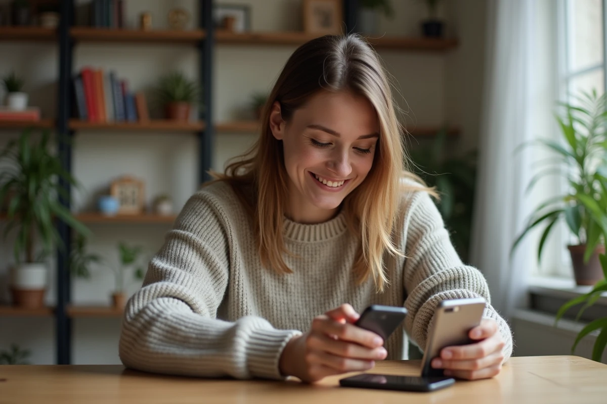 Jeune femme souriante avec deux smartphones dans un intérieur cosy
