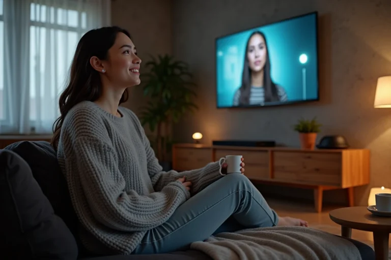 Jeune femme regardant une série en streaming sur sa télévision dans un salon moderne et cosy