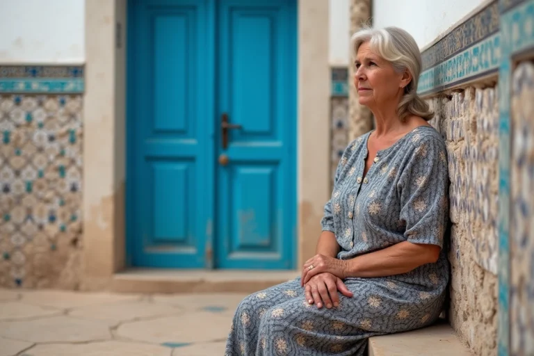 Femme tunisienne assise devant une porte bleue à Djerba