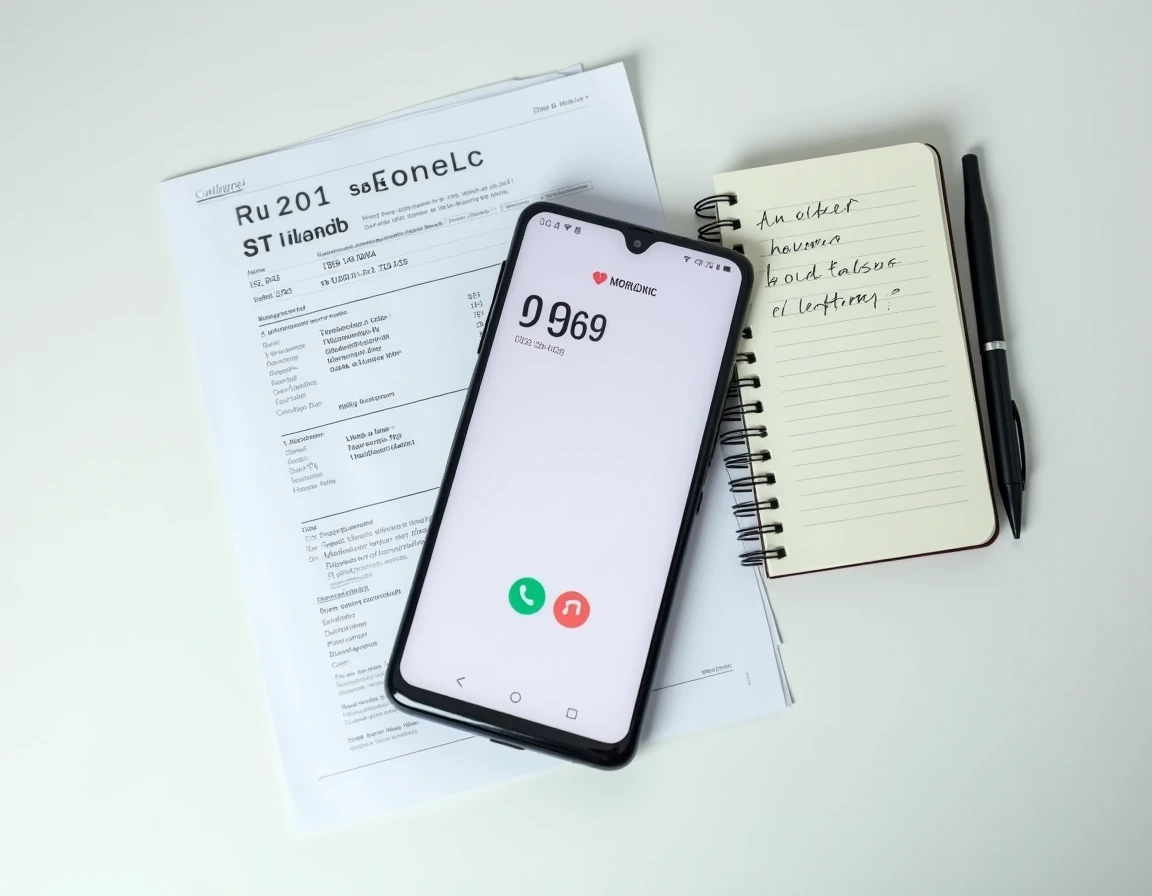 Vue aérienne d'un smartphone affichant un numéro 0969 avec une facture téléphonique et des notes de tarification