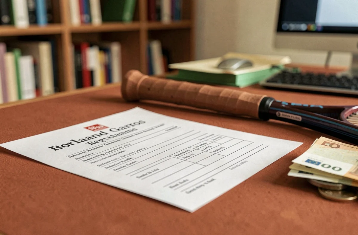 Formulaire d'inscription officiel au tournoi de Roland Garros avec frais d'entrée et raquette de tennis posés sur un bureau