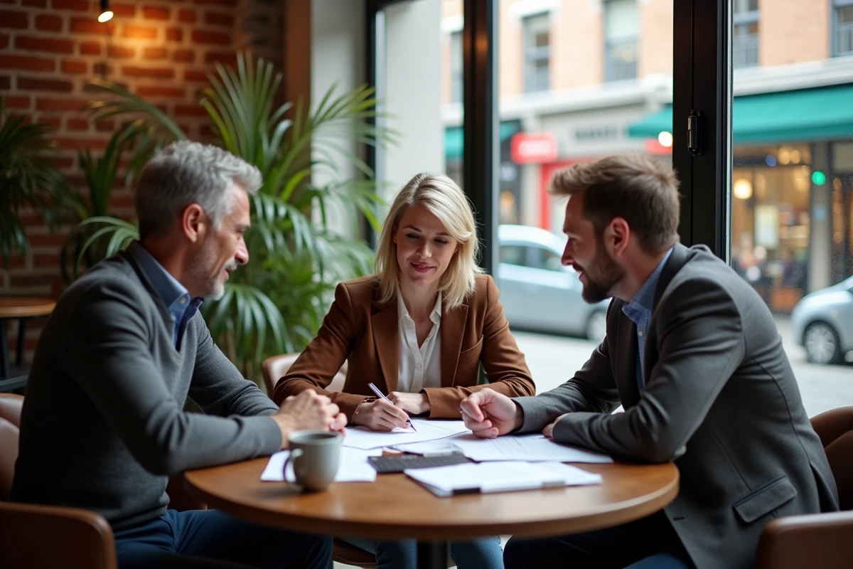Groupe de trois personnes discutant dans un café urbain