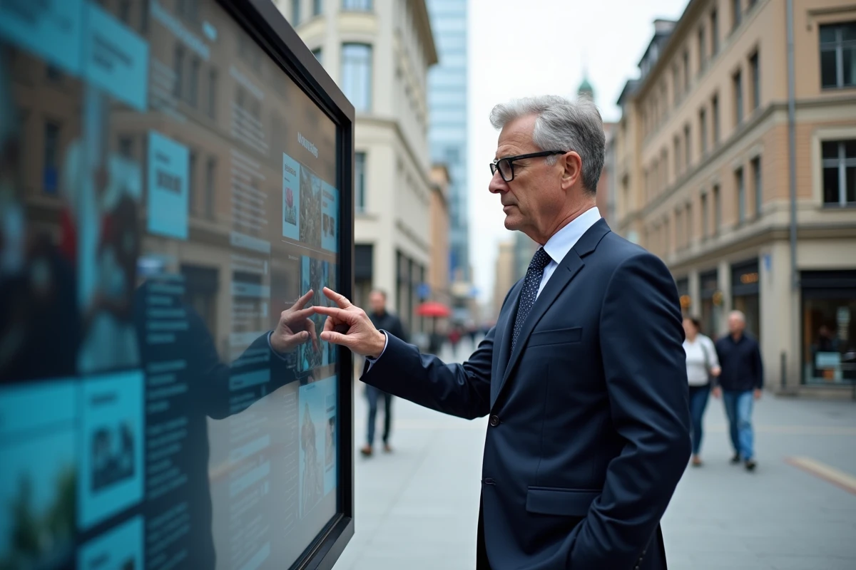 Homme en costume consultant un écran d