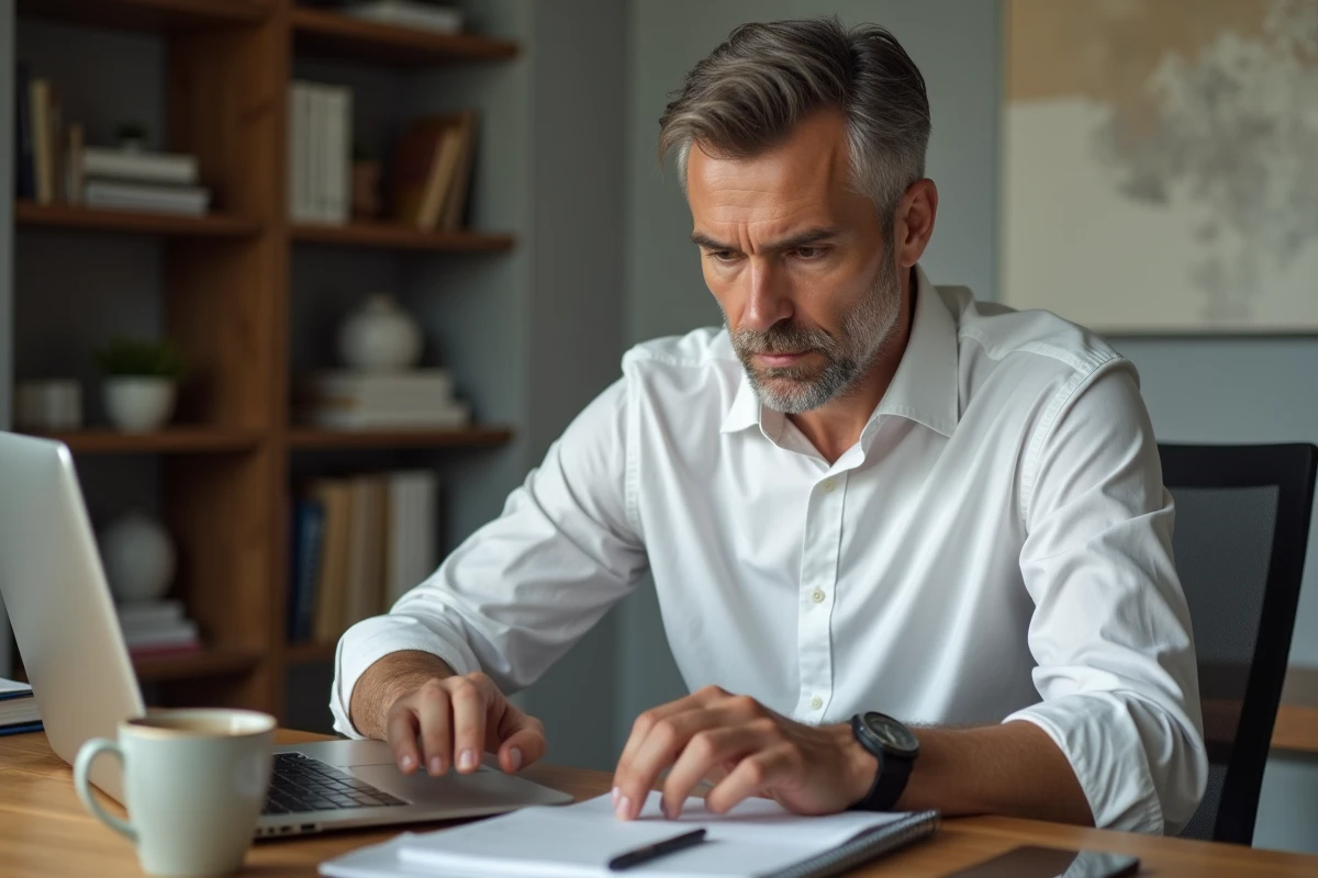 Homme d'affaires concentré travaillant sur un ordinateur portable dans un bureau privé minimaliste avec accessoires professionnels
