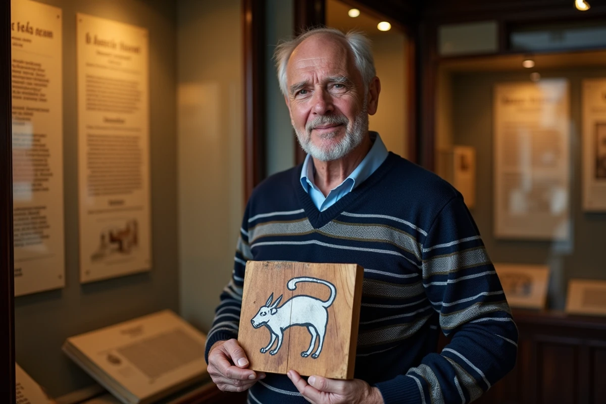 Homme breton tenant un panneau historique représentant l'hermine bretonne dans un musée du patrimoine maritime de Bretagne