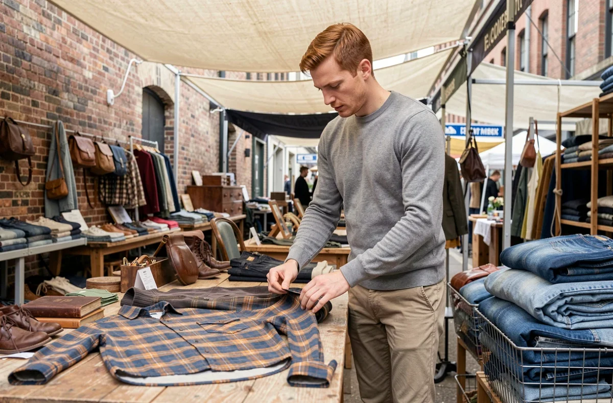 Homme comparant deux chemises d'occasion sur un marché vintage en plein air, shopping responsable et durable