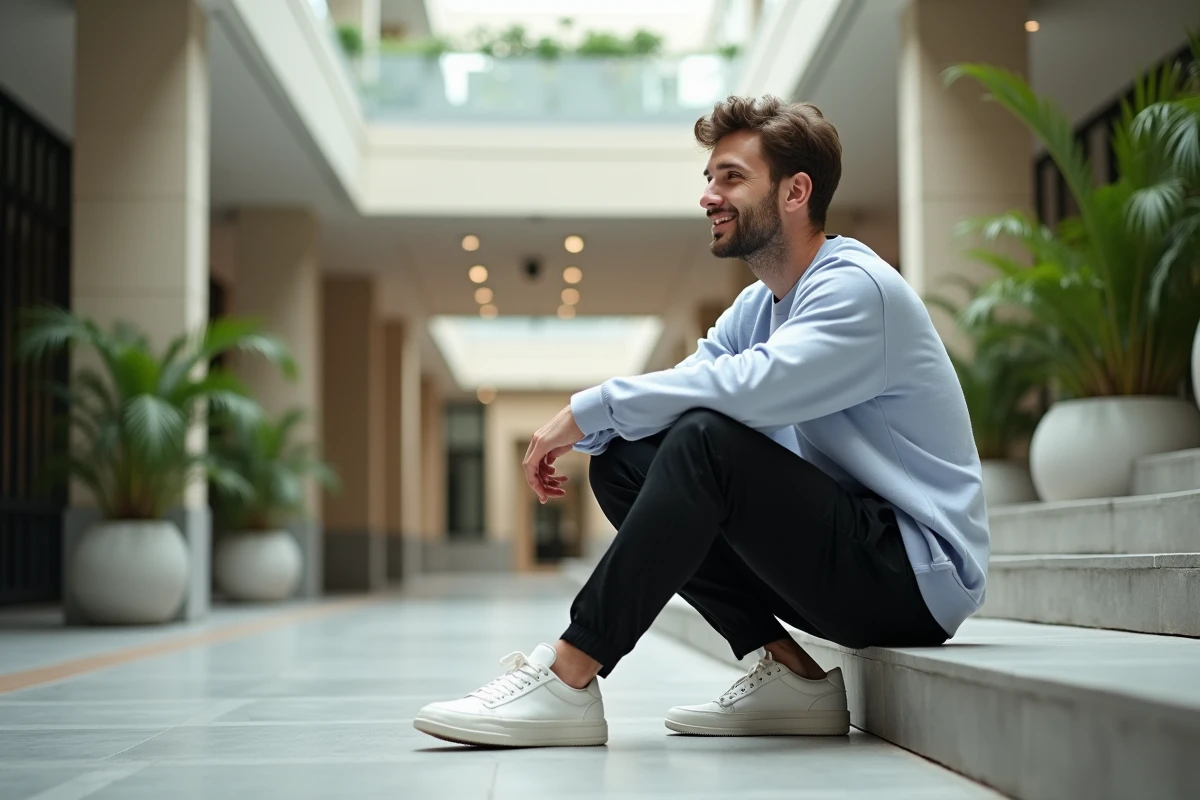 Homme détendu assis dans un atrium moderne