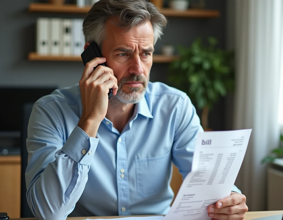 Homme consultant sa facture téléphonique en appelant un numéro 0969 depuis son bureau à domicile