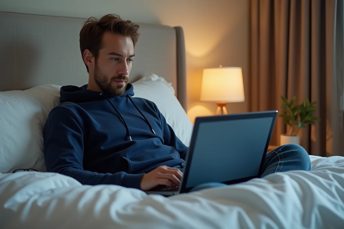 Homme regardant des films gratuitement en streaming sur son ordinateur portable allongé sur son lit