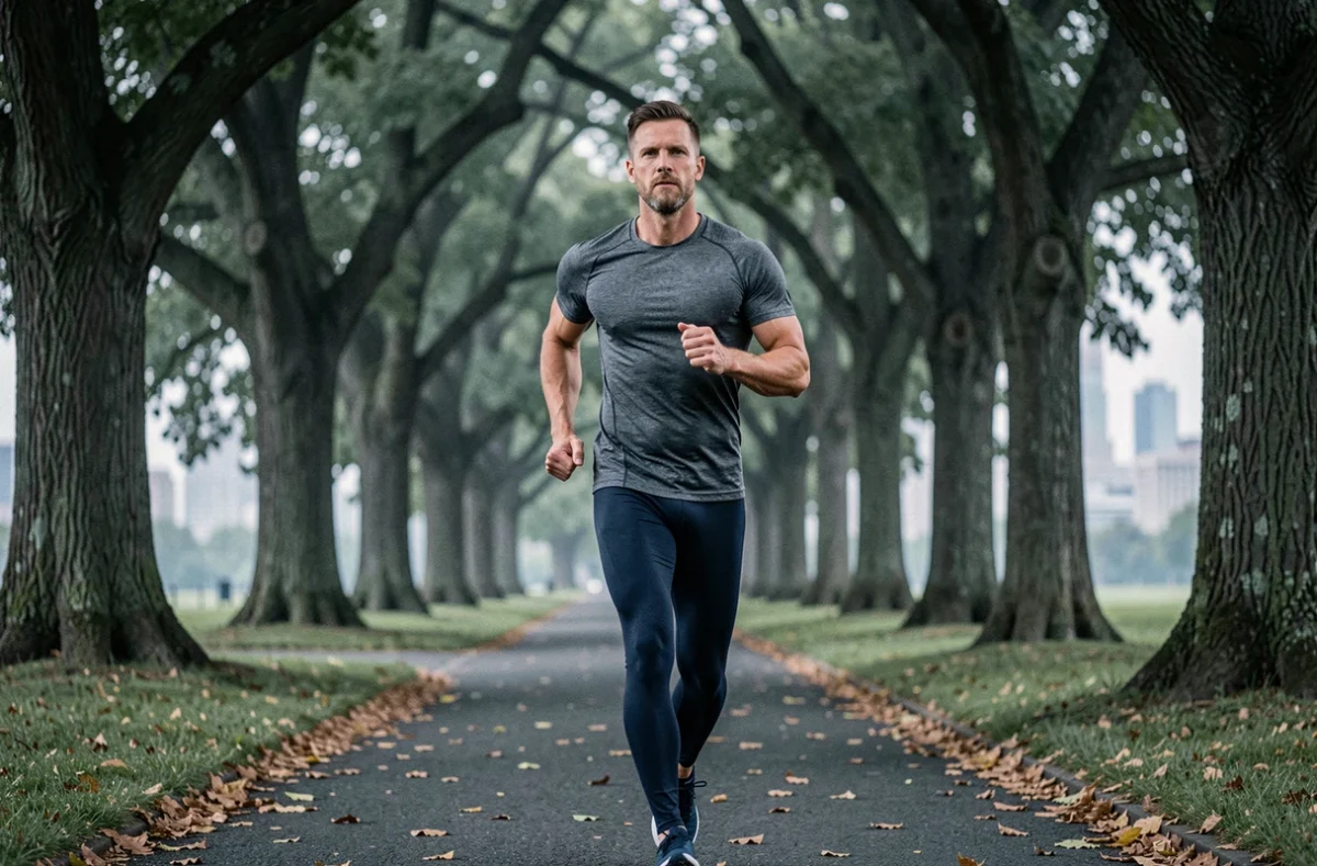 Homme qui fait du jogging dans un parc urbain boisé au matin, symbolisant l'exercice physique et le bien-être au quotidien