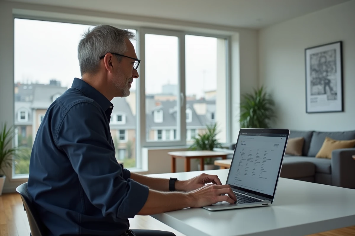 Homme utilisant un ordinateur portable pour naviguer dans le plan d'un site immobilier