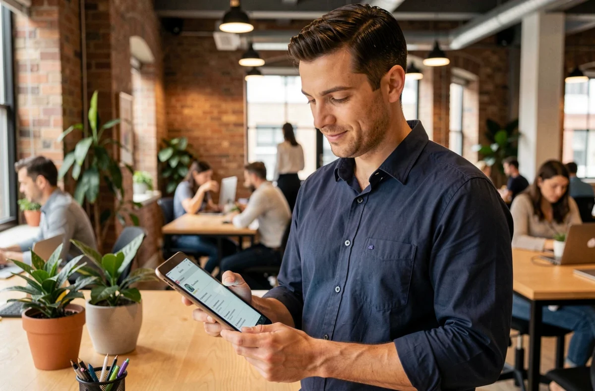 Jeune homme consultant des offres d'emploi en ligne sur une tablette dans un espace de coworking moderne