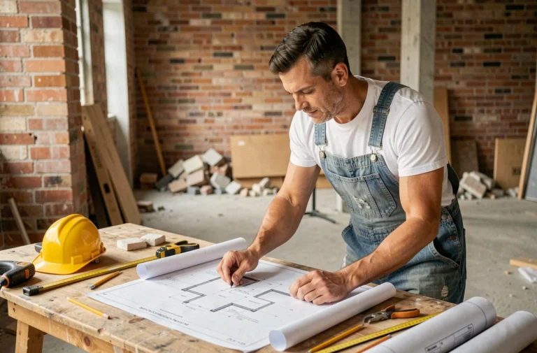 Homme en salopette examinant des plans de rénovation sur un établi dans un chantier intérieur
