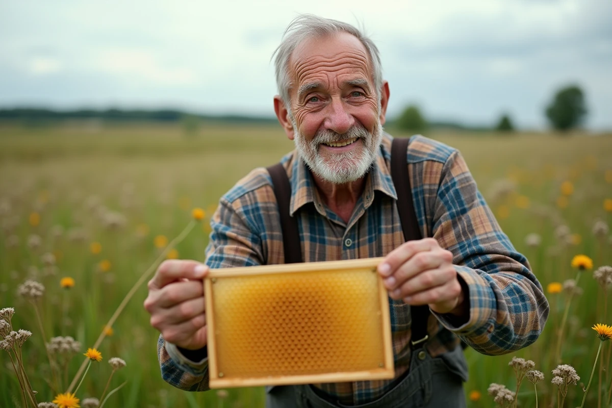 Homme récoltant des plantes de bupleurum dans un champ avec un cadre de miel