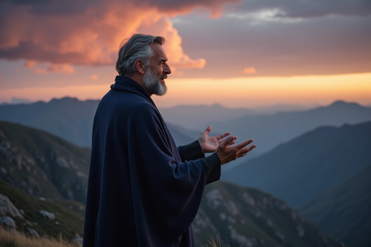 Homme en posture spirituelle au sommet d'une montagne au crépuscule, symbolisant l'élévation vers les 7 mondes spirituels