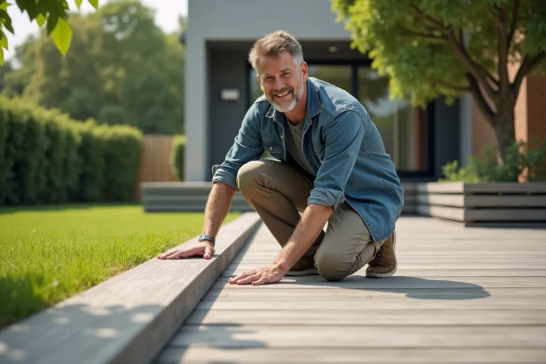 Homme souriant près d'un deck Duraboard dans un jardin