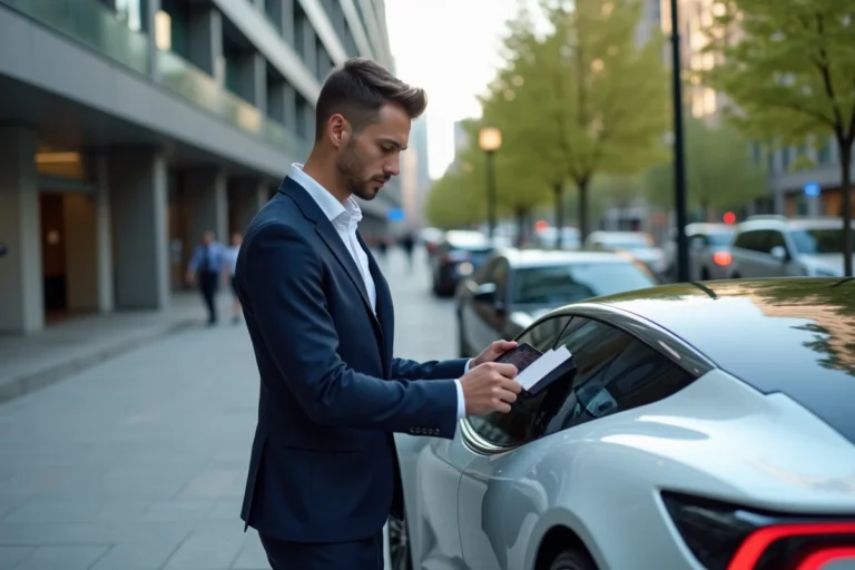 Homme en costume regardant une voiture électrique futuriste