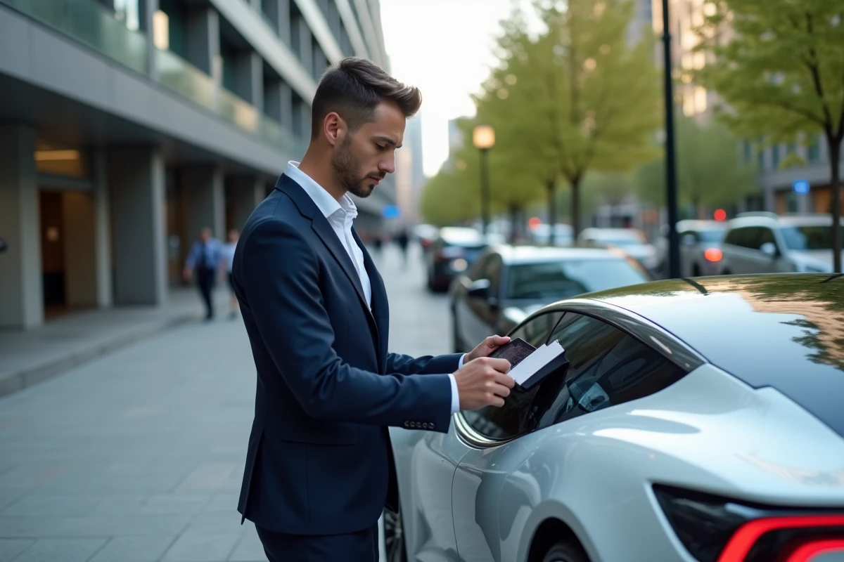 Homme en costume regardant une voiture électrique futuriste