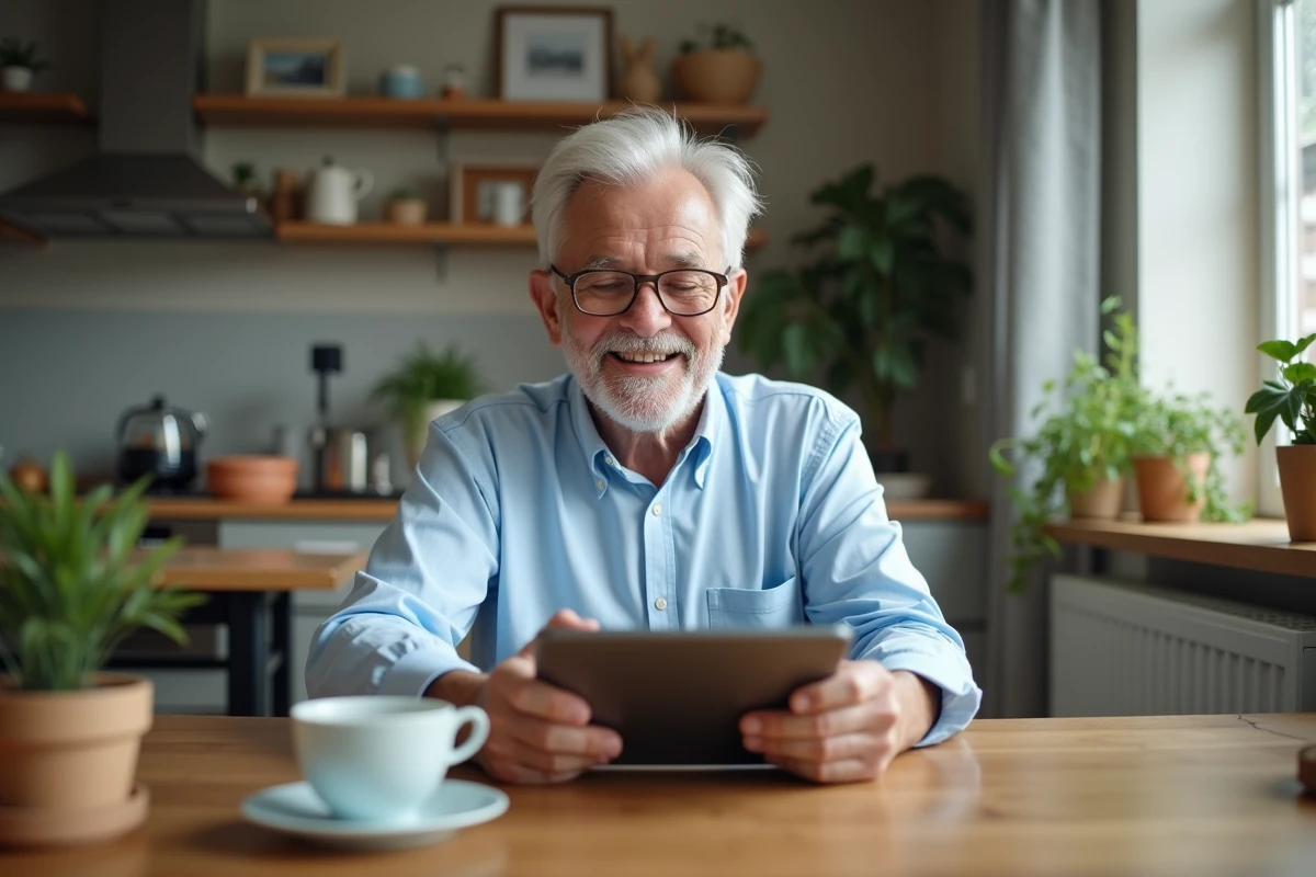 Senior en visioconference dans sa cuisine chaleureuse