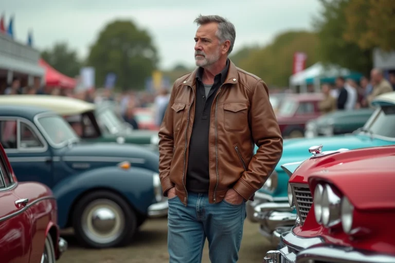 Homme d'âge moyen examine ornement de voiture classique