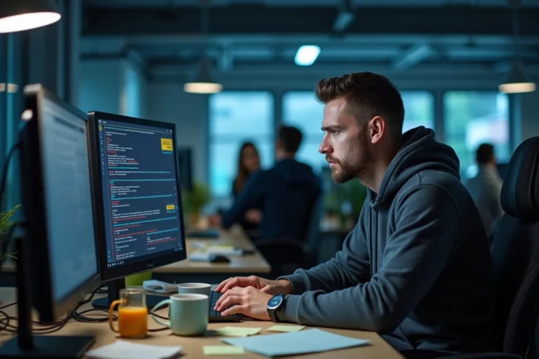 Ingénieur informatique inquiet face à des erreurs système sur un écran de tableau de bord en 2026
