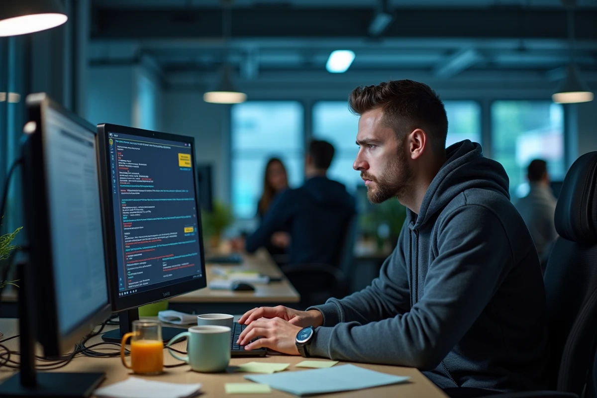 Ingénieur informatique inquiet face à des erreurs système sur un écran de tableau de bord en 2026