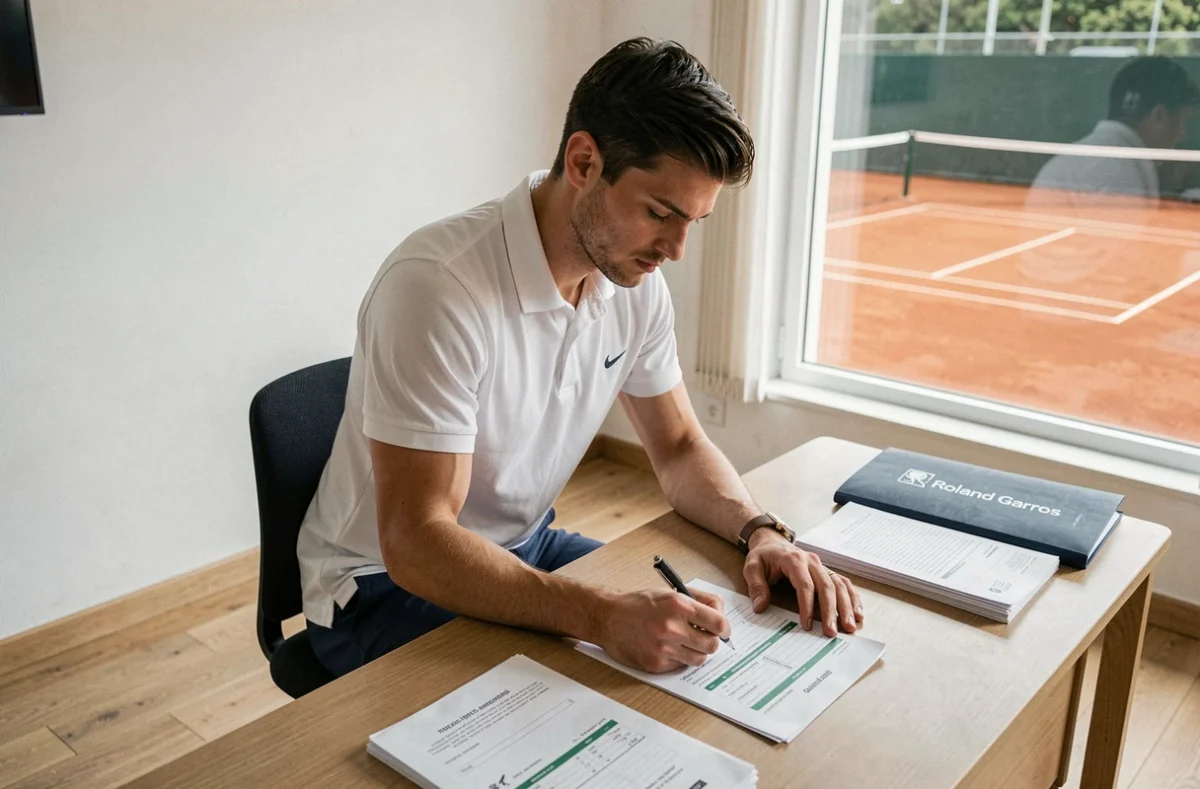 Joueur de tennis professionnel remplissant un dossier d'inscription au tournoi de Roland Garros dans un bureau officiel