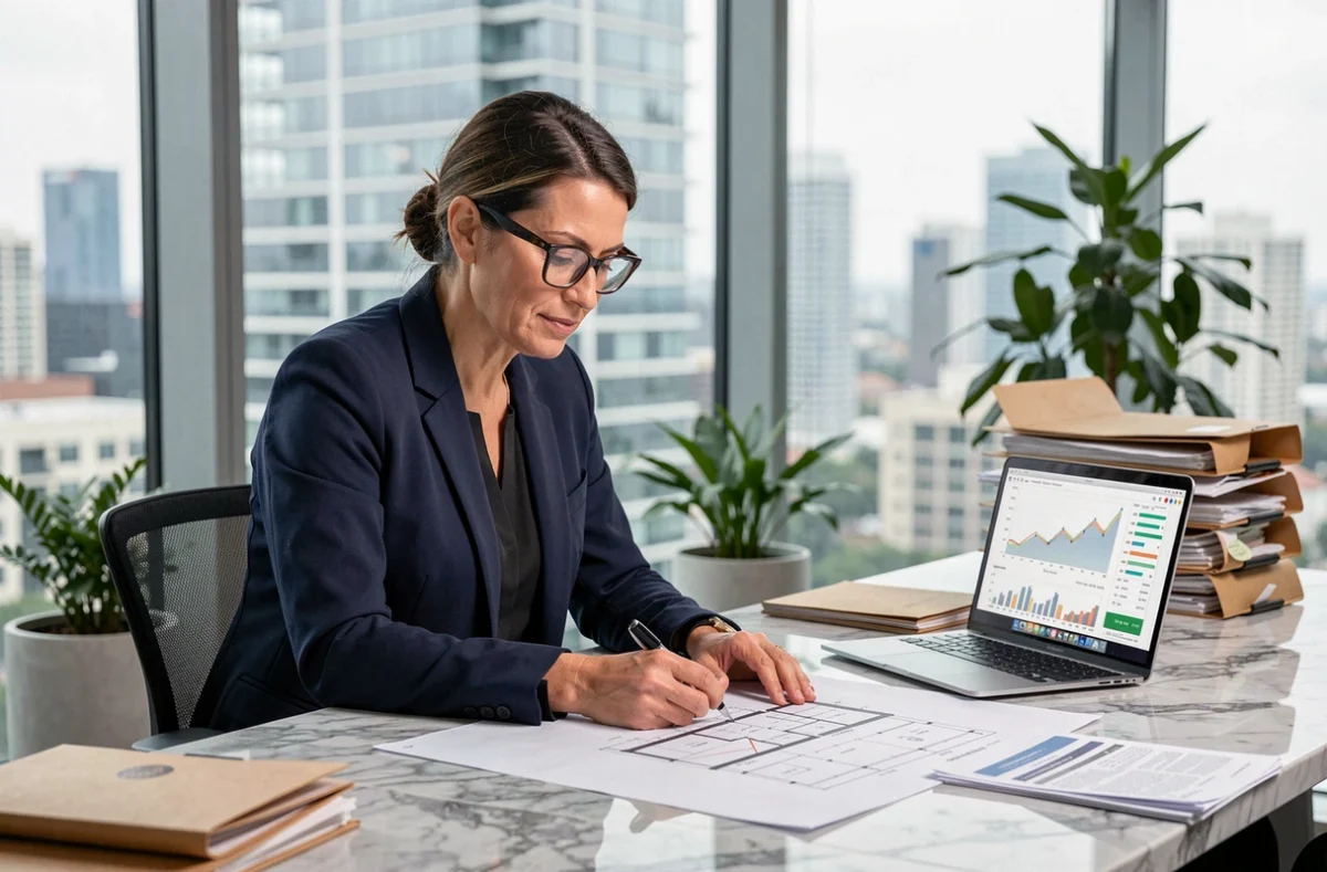Femme cadre analysant des documents d'investissement immobilier dans un bureau moderne avec vue sur la ville