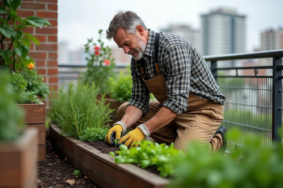 Homme plantant des herbes dans un jardin de balcon