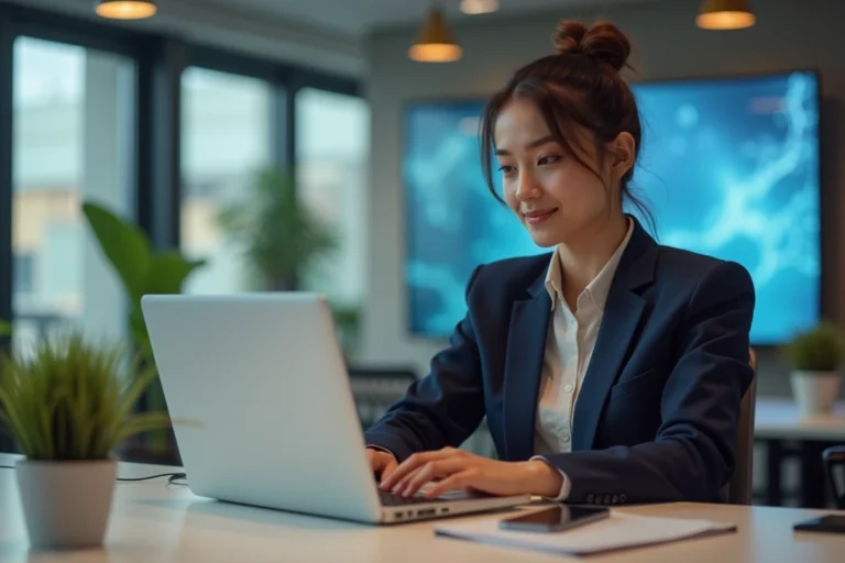 Jeune femme professionnelle au bureau avec blazer navy