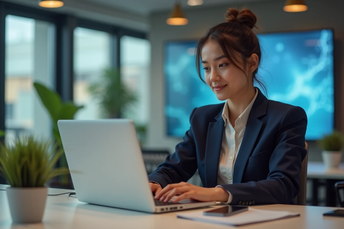 Jeune femme professionnelle au bureau avec blazer navy