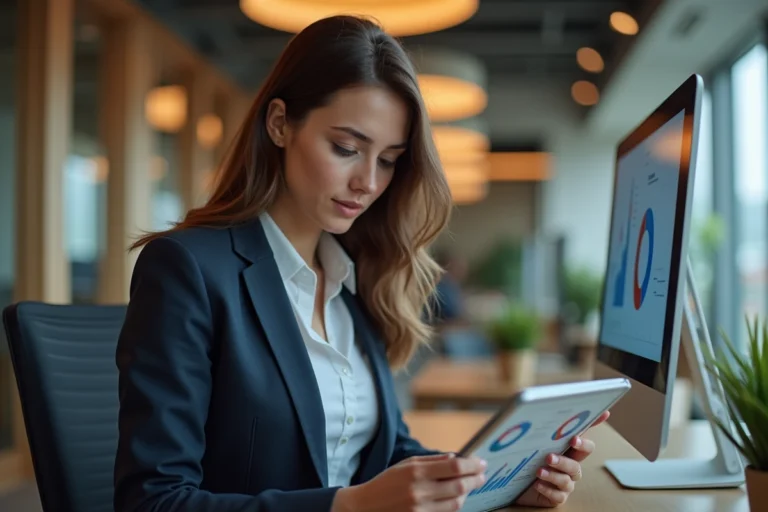Jeune femme professionnelle utilisant une tablette au bureau
