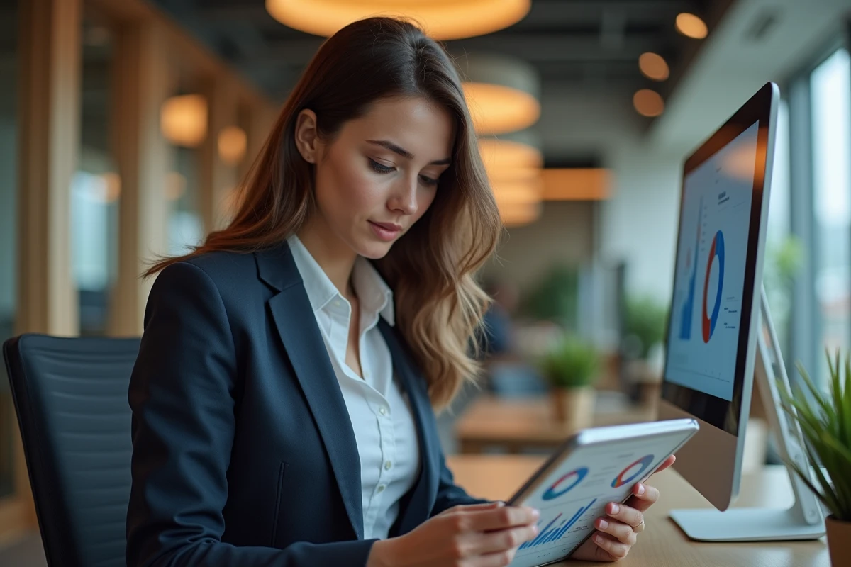 Jeune femme professionnelle utilisant une tablette au bureau