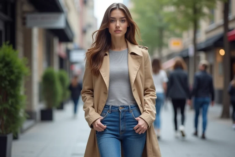 Jeune femme élégante en trench beige dans la ville