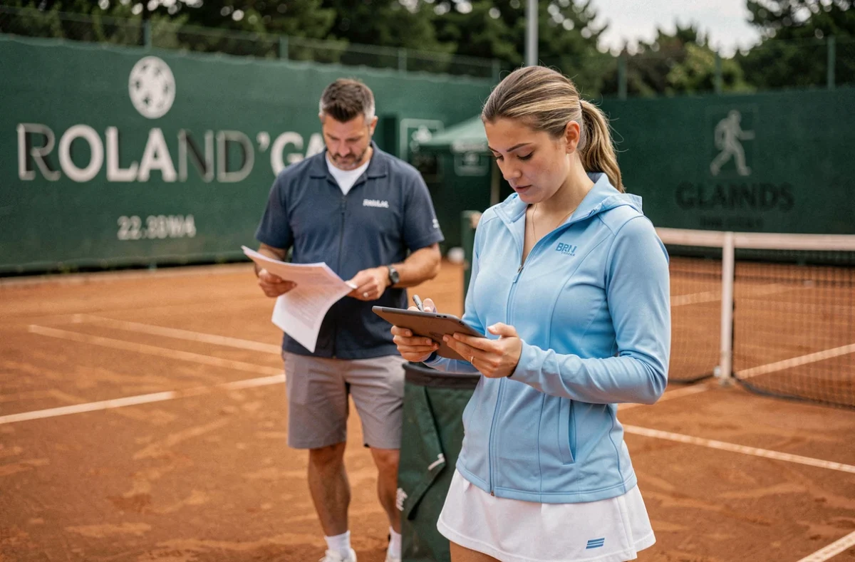 Joueuse de tennis professionnelle consultant les détails d'inscription au tournoi de Roland Garros sur une tablette en bord de court