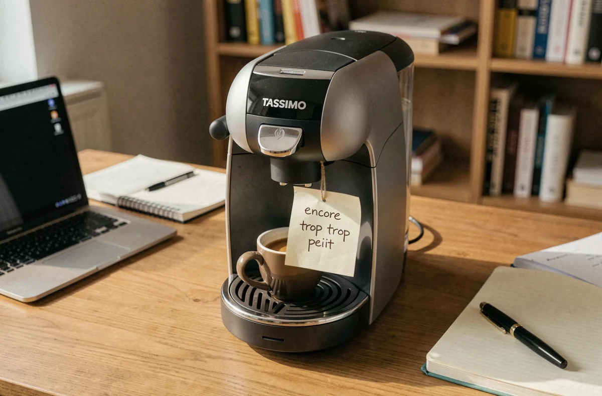 Machine Tassimo posée sur un bureau avec une tasse à moitié remplie et un post-it indiquant un problème de volume de café