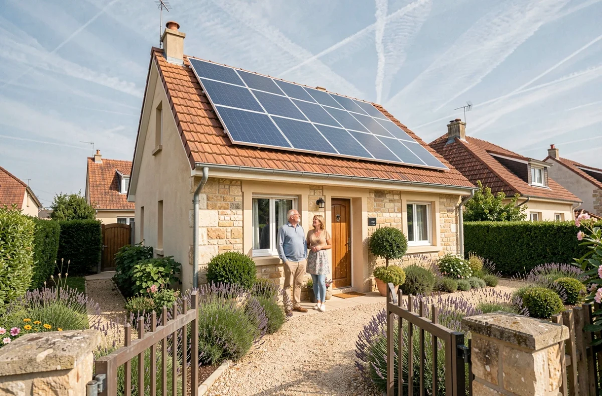 Maison individuelle toulousaine avec panneaux solaires en toiture, couple de propriétaires devant leur domicile à énergie solaire