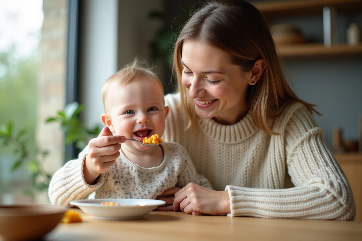 Maman donne une cuillère de purée à sa fille