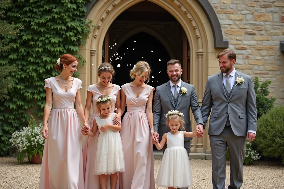 Groupe d'adultes et enfants lors d'un mariage en campagne