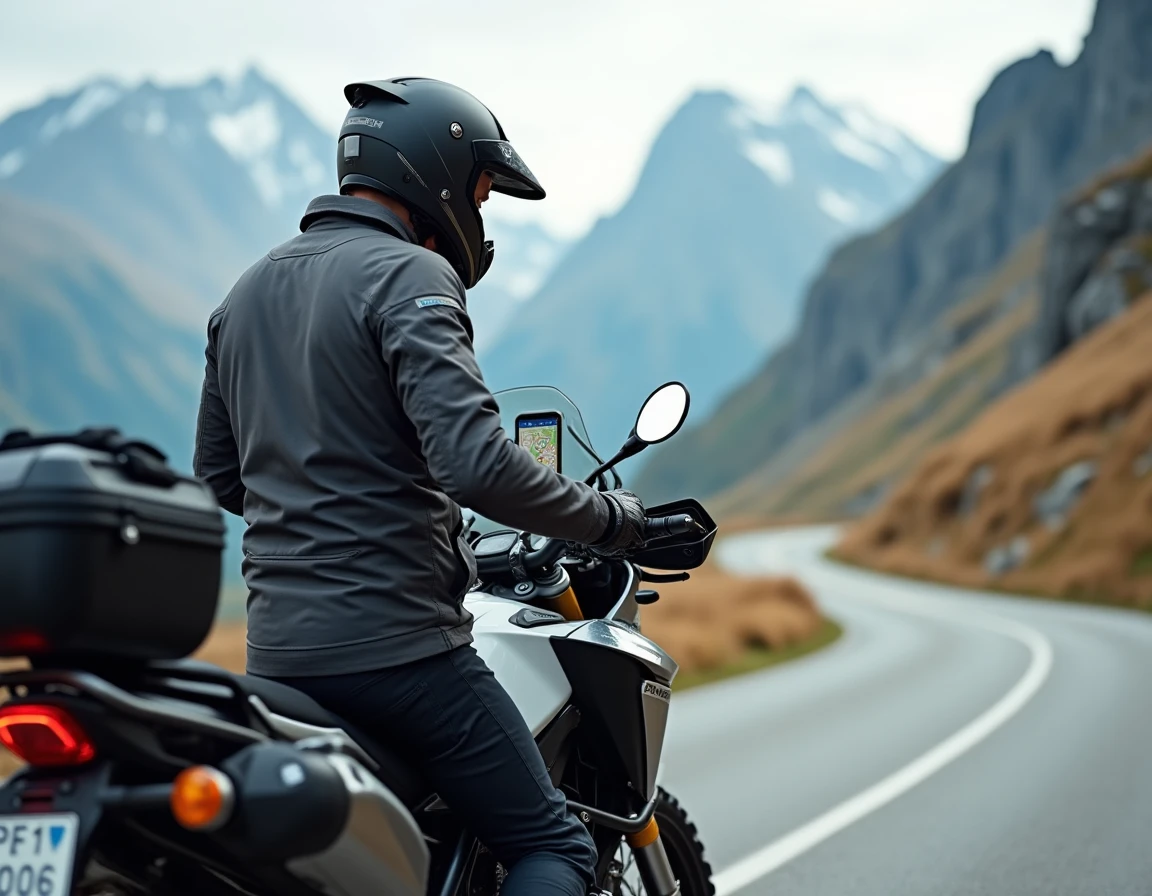 Motard aventurier dans les Alpes françaises utilisant l'application Calimoto pour naviguer sur une route sinueuse de montagne