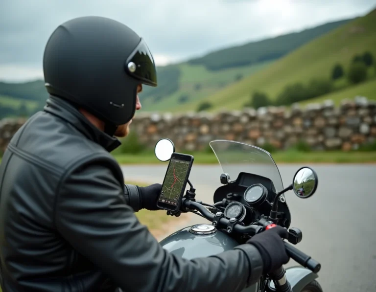 Motard consultant l'application de navigation moto Calimoto sur son smartphone fixé au guidon, en bord de route en France