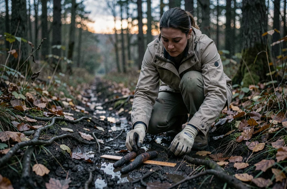 Naturaliste examinant des déjections d'animal nocturne sur un sentier forestier boueux avec une règle de mesure