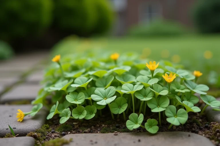 Oxalis envahissant les interstices d'une allée pavée de jardin, avec ses feuilles trilobées et ses fleurs jaunes caractéristiques