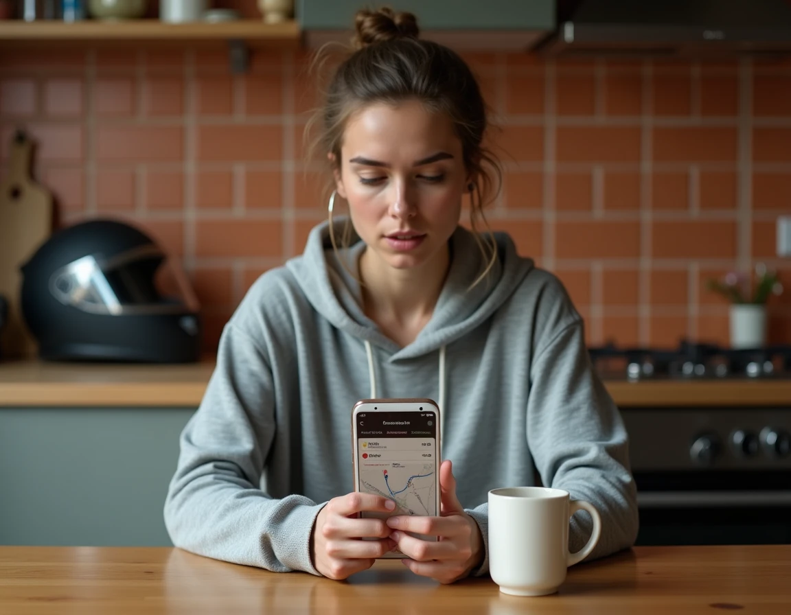 Femme planifiant un itinéraire moto sur l'application Calimoto depuis son domicile, comparant les options gratuit et payant