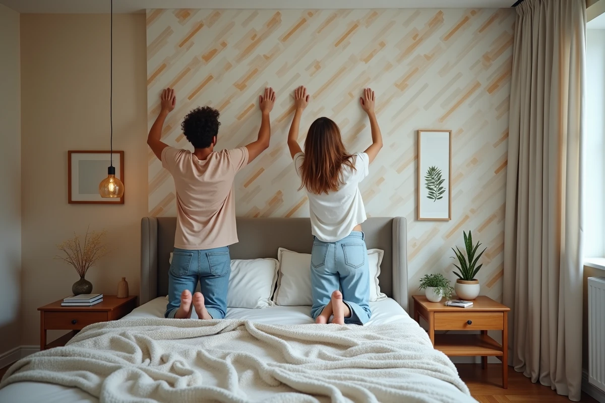 Jeune couple posant du papier peint dans une chambre moderne