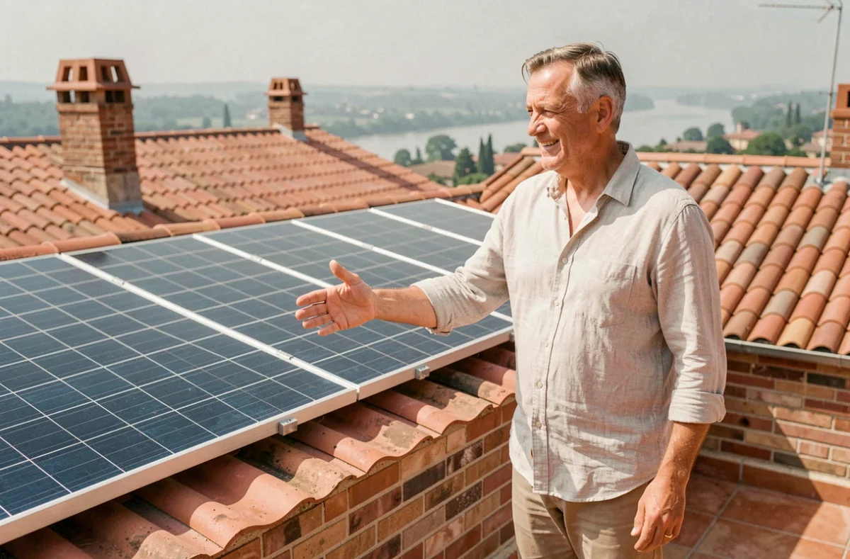 Propriétaire toulousain sur le toit de sa maison en brique rose avec des panneaux solaires installés, vue sur les toits de Toulouse