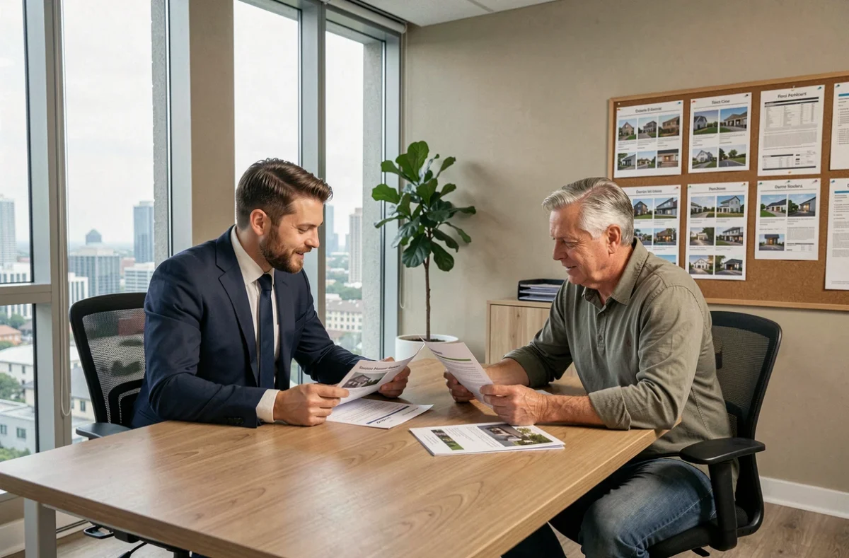 Réunion entre acheteur immobilier et conseiller dans une agence moderne pour choisir entre promoteur national et promoteur local