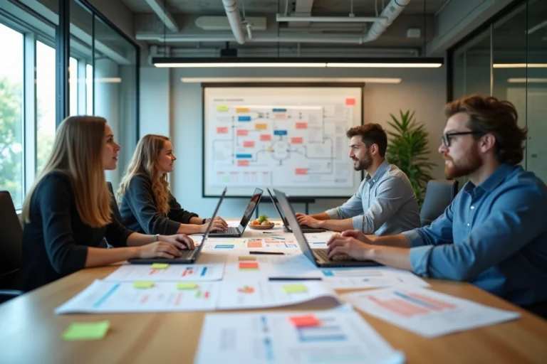 Équipe de professionnels en réunion de planification stratégique de projets en entreprise autour d'une table de conférence moderne