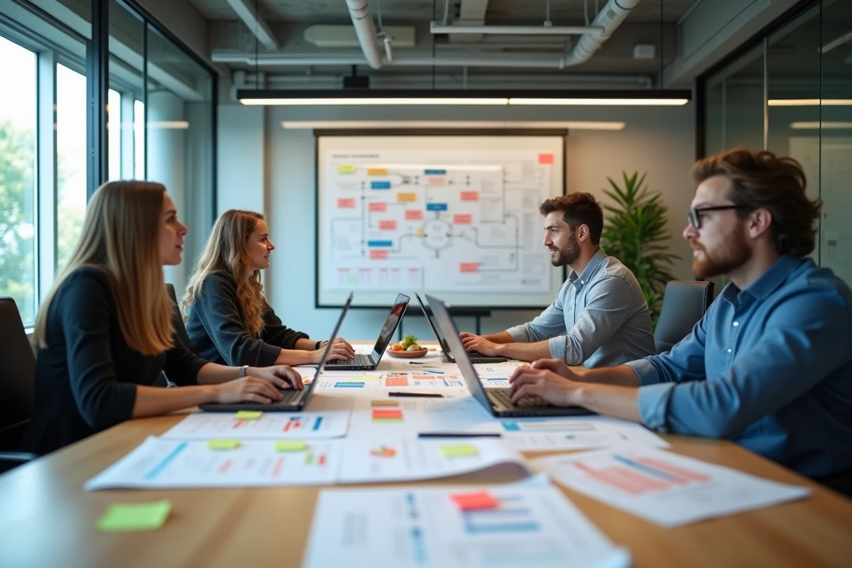Équipe de professionnels en réunion de planification stratégique de projets en entreprise autour d'une table de conférence moderne