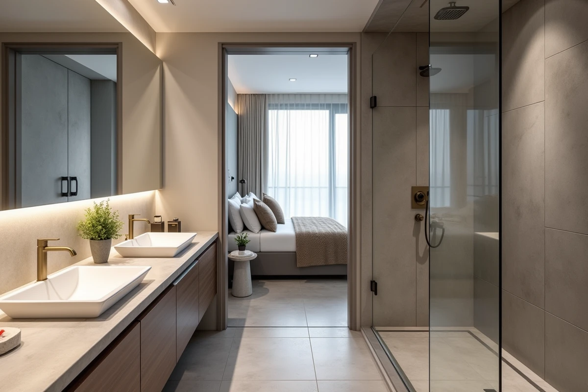 Salle de bain intégrée dans une chambre parentale 15m2 avec douche à l'italienne et vue sur l'espace nuit